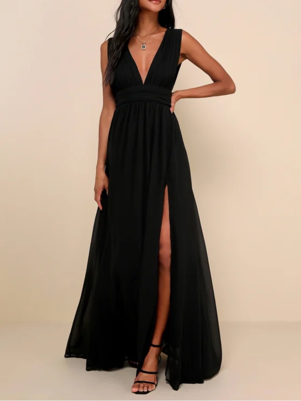 Lulu's Black Plunging V-Neck Maxi Dress with High Slit